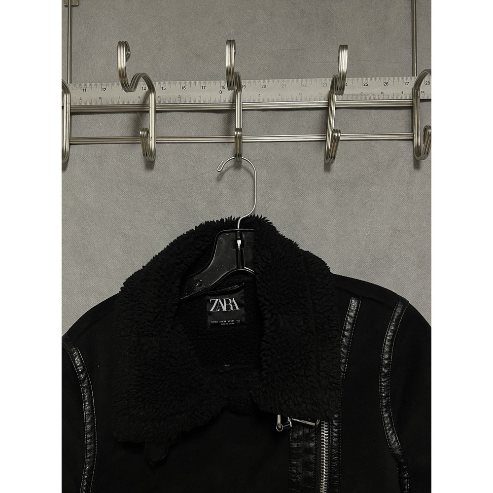 Zara Jacket Women XS Black Suede Moto Biker Penny Lane Afghan Faux Fur Shearling